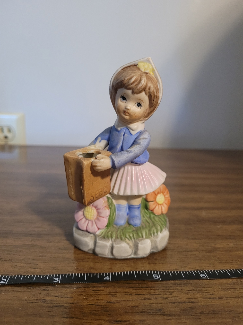 Vintage Ceramic Girl Figurine in Blue and Pink